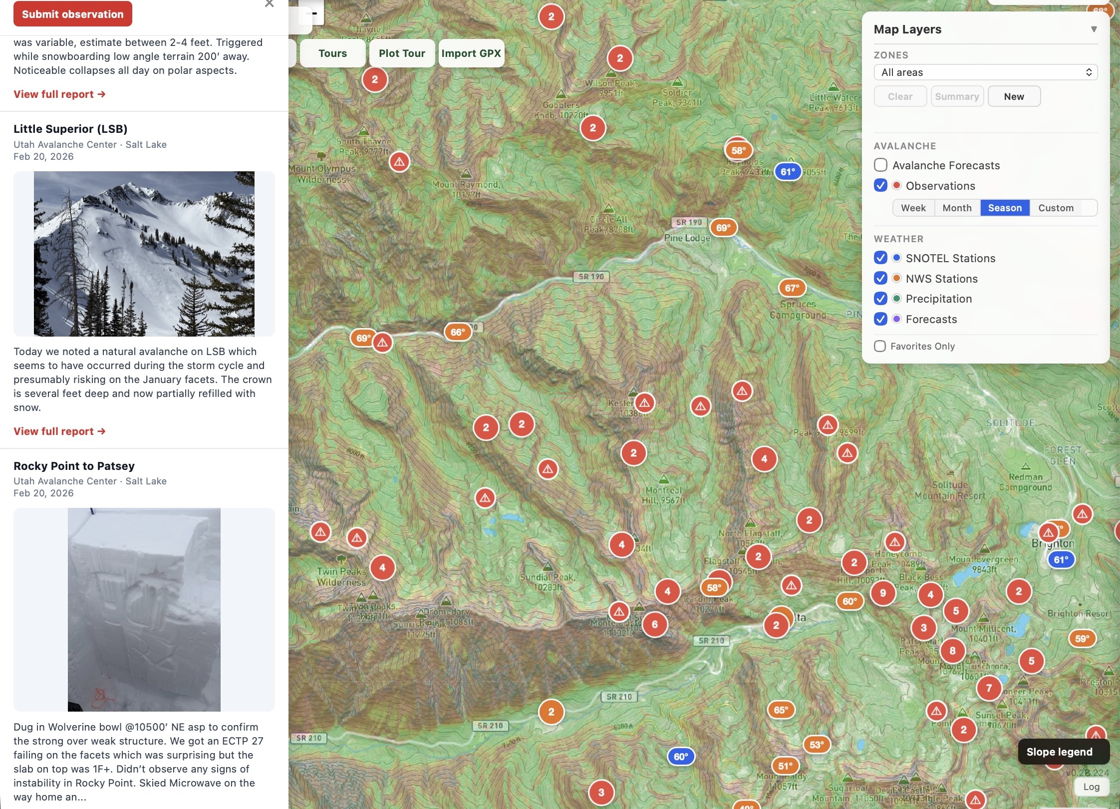 Backcountry Beta web map showing slope shading, observations, and map layers