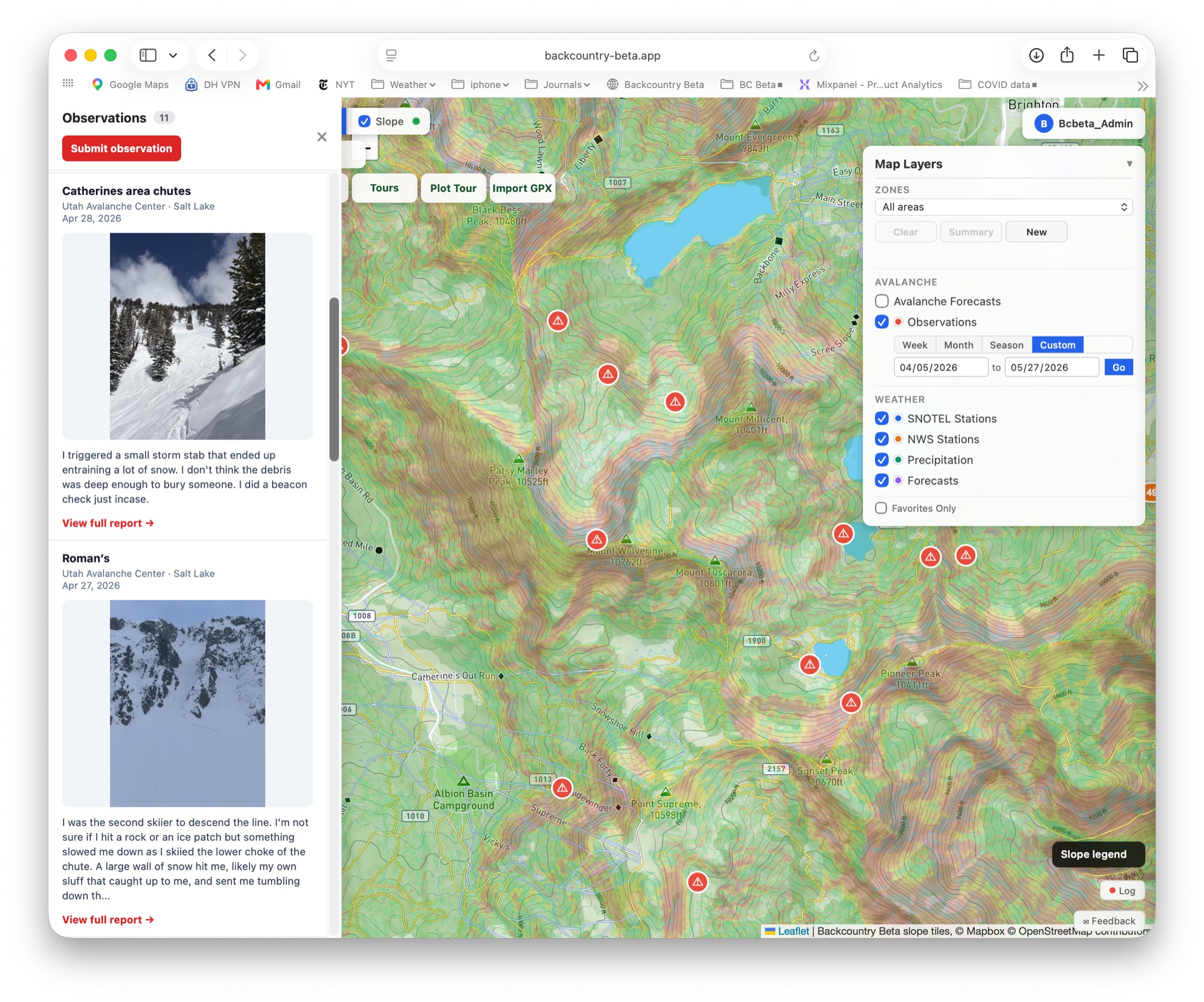 Backcountry Beta web map showing slope shading, observations, and map layers