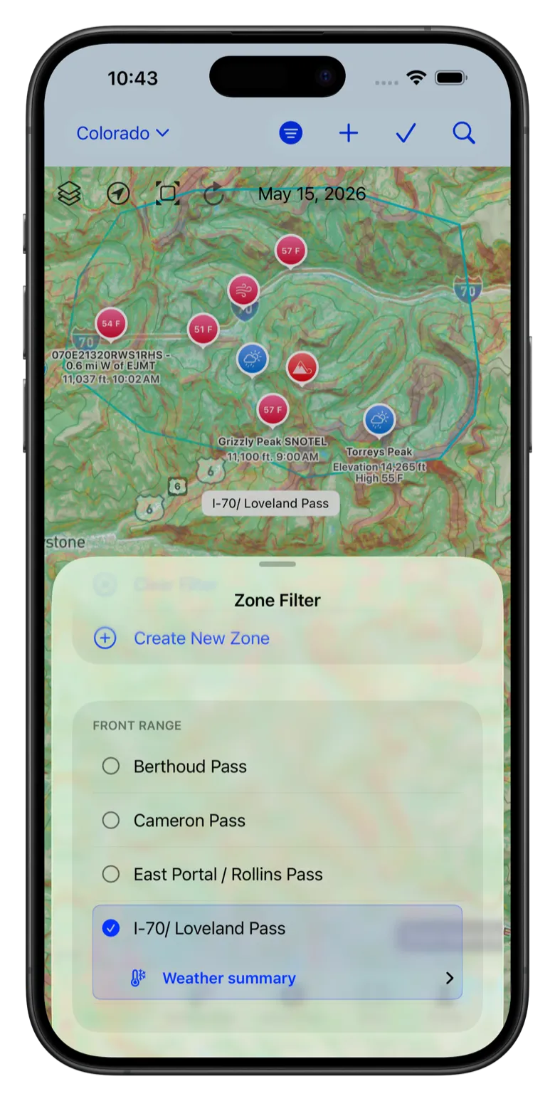 Backcountry Beta iPhone Zone Filter showing an I-70 Loveland Pass weather summary entry