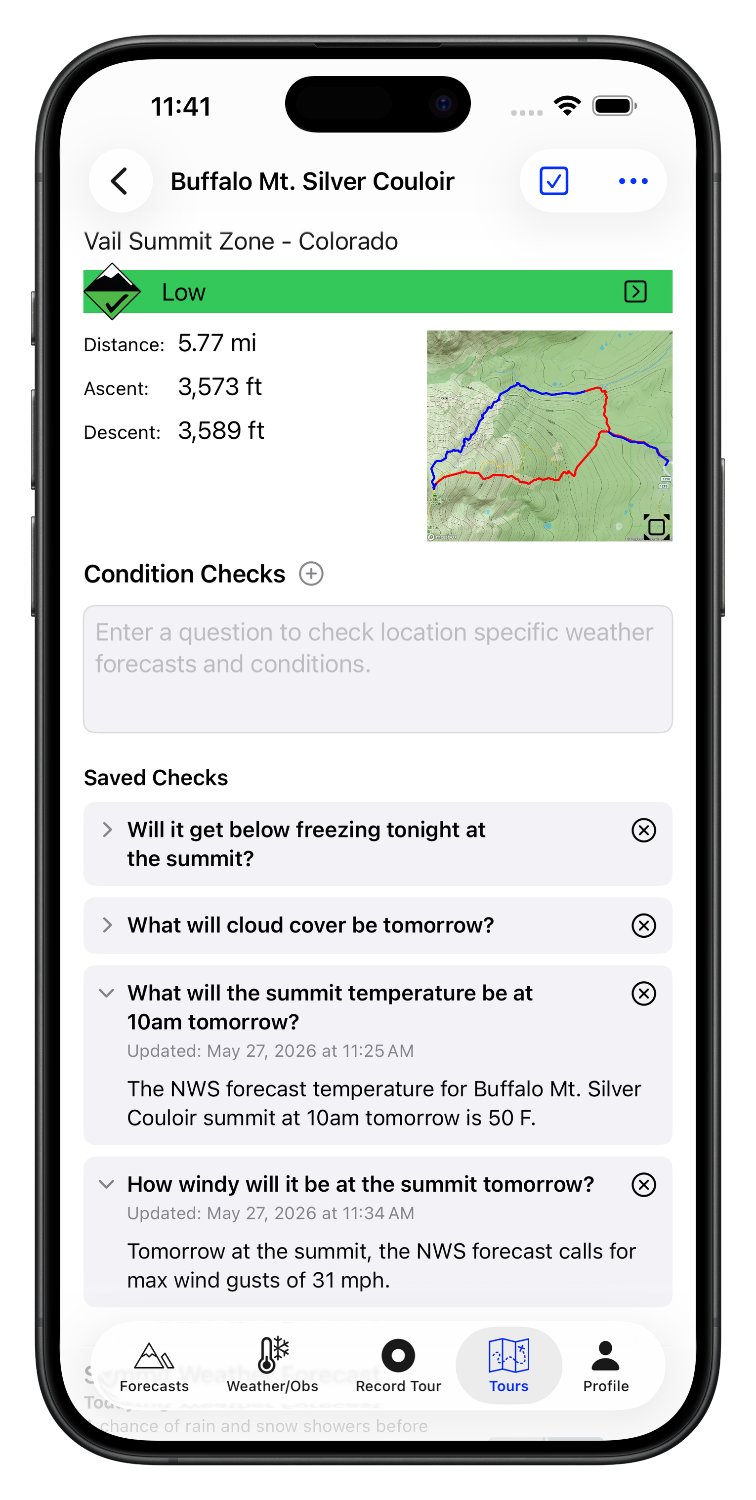 Condition Checks screen in the Backcountry Beta iPhone app
