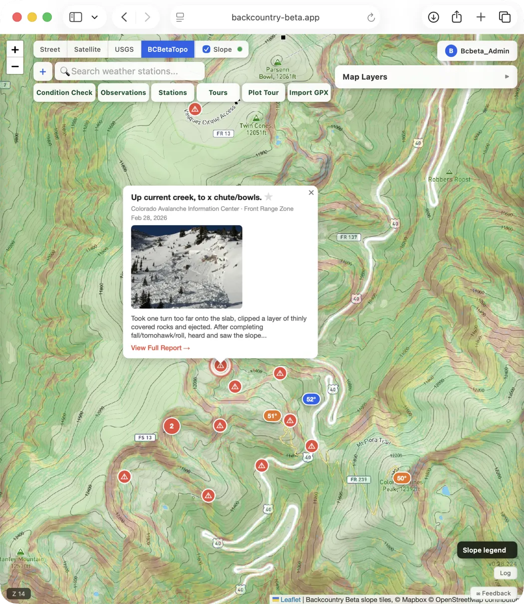 Backcountry Beta web map with CAIC observation card and map layers