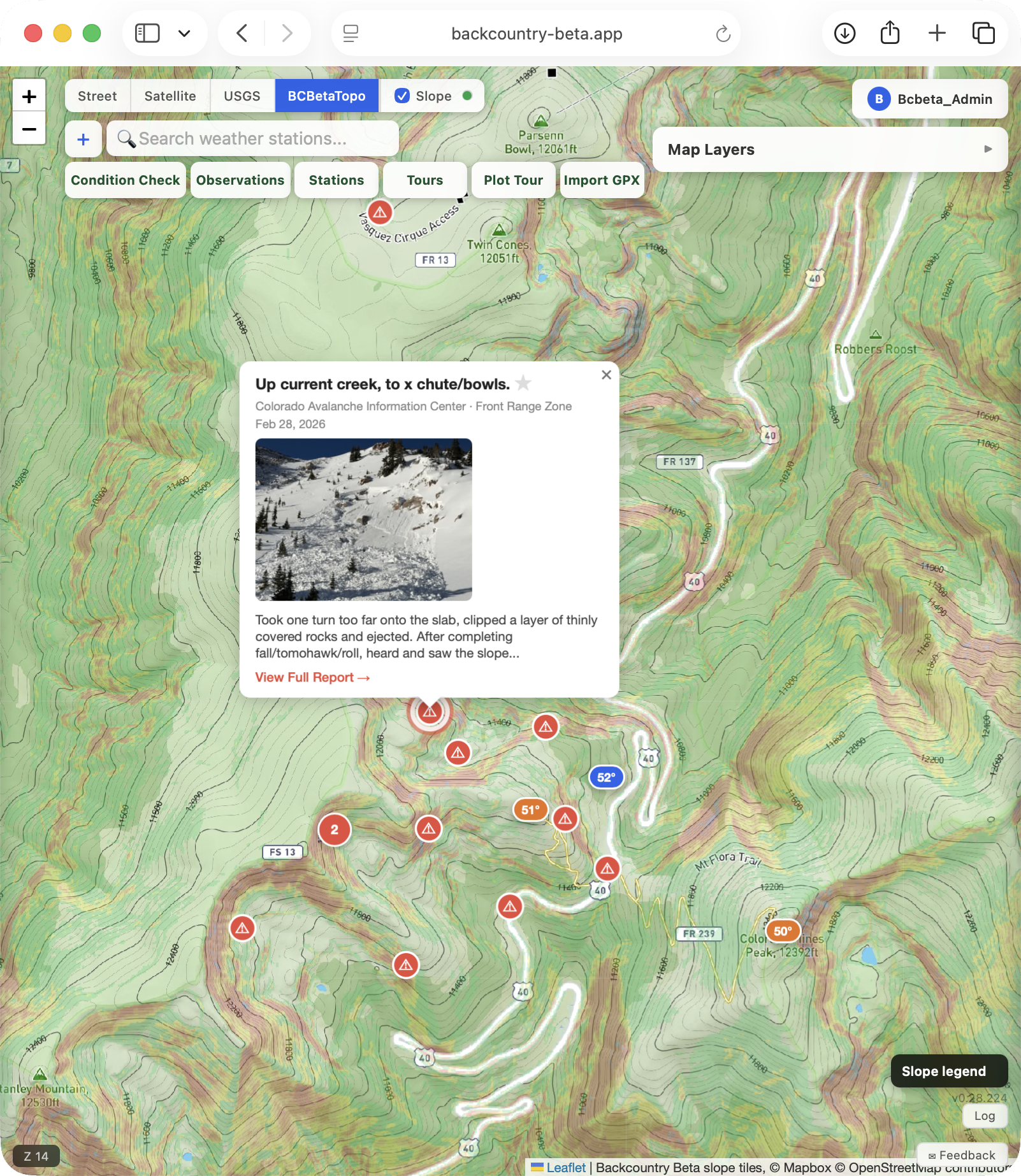 Backcountry Beta web map with CAIC observation card and map layers