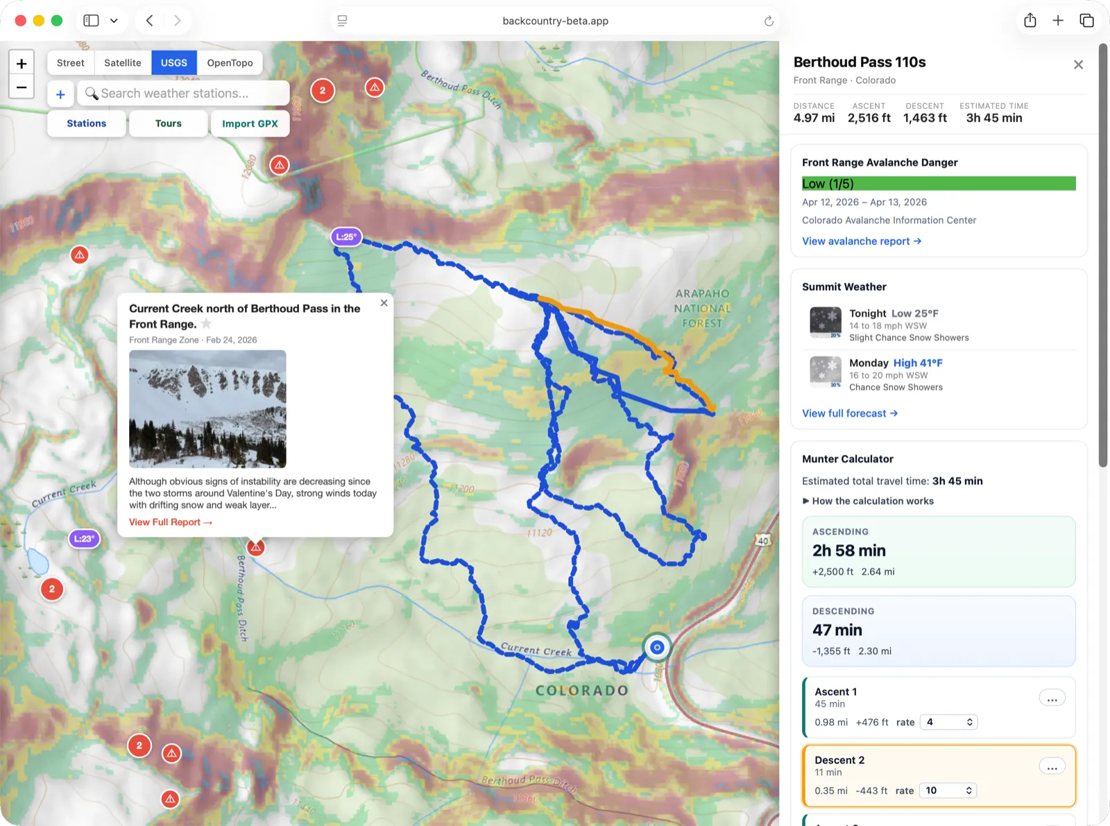 Backcountry Beta web trip plan with route details, avalanche danger, summit weather, and Munter calculator
