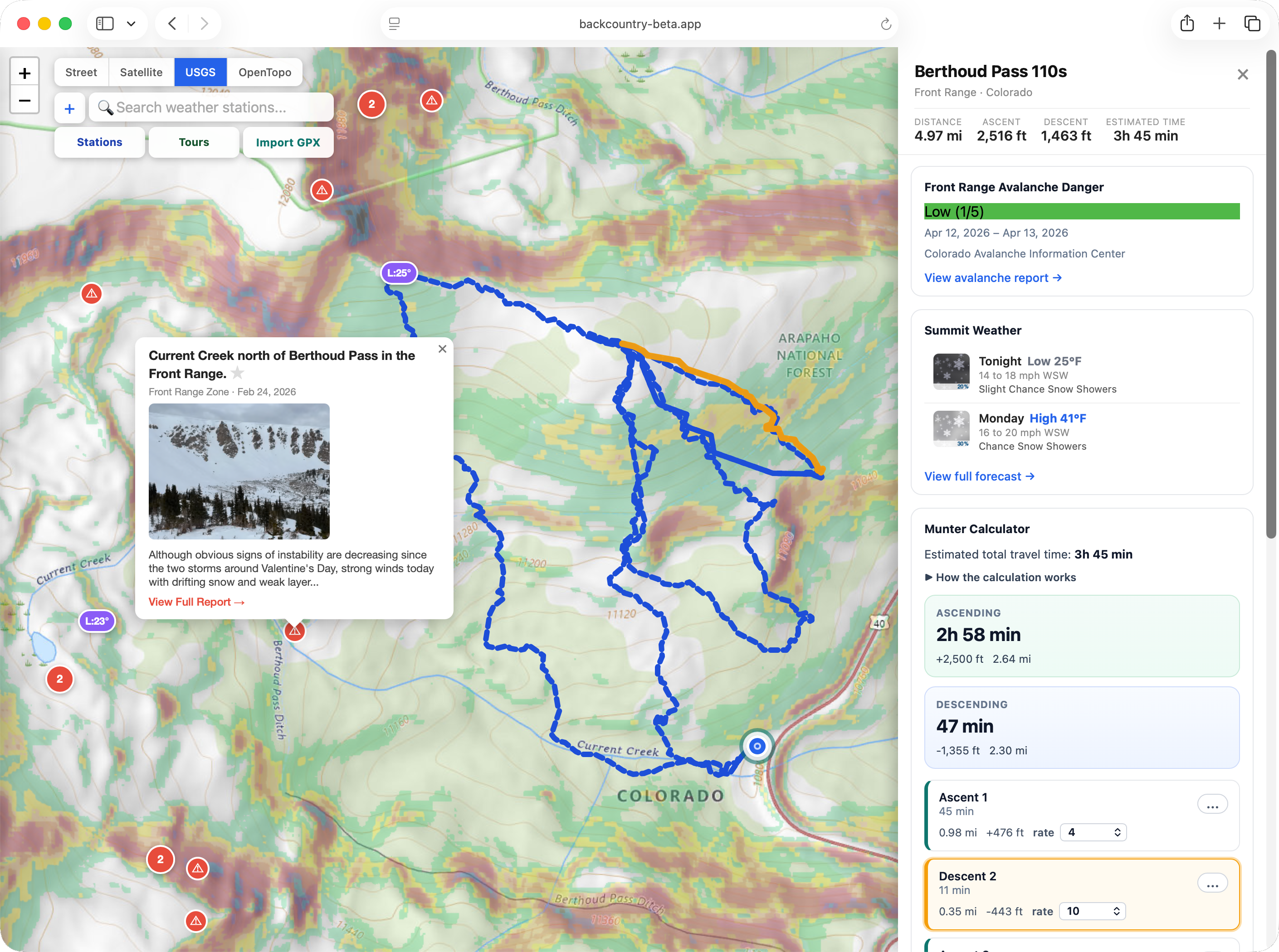 Backcountry Beta web trip plan with route details, avalanche danger, summit weather, and Munter calculator