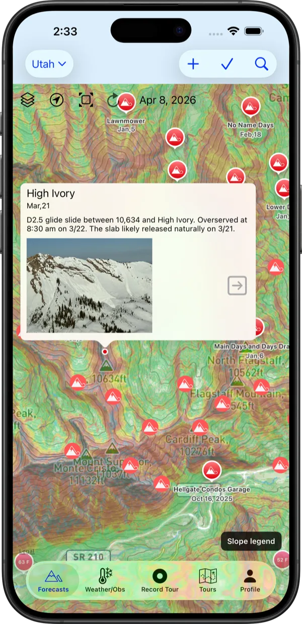 Backcountry Beta High Ivory observation card on the iPhone map