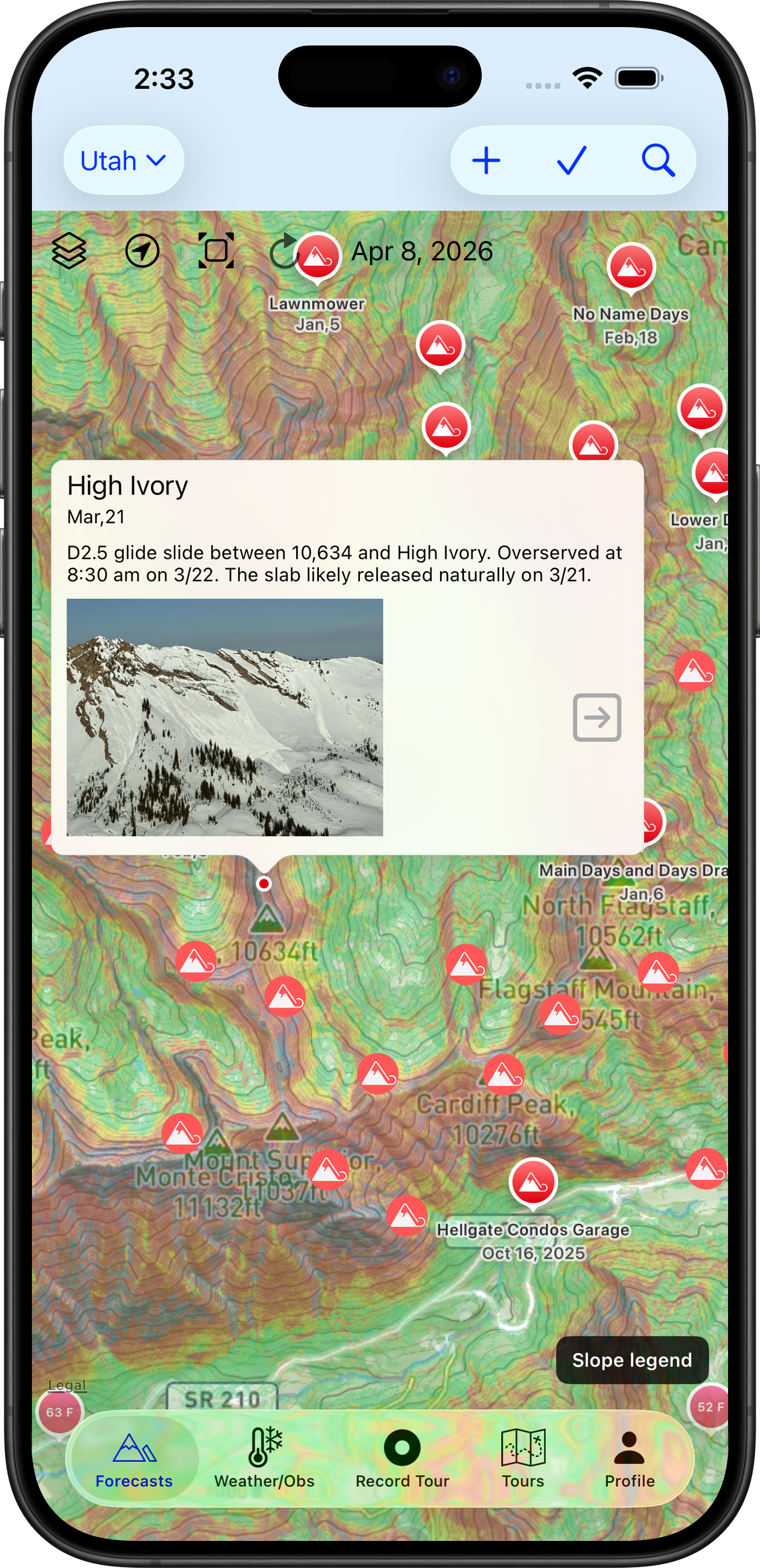 Backcountry Beta High Ivory observation card on the iPhone map