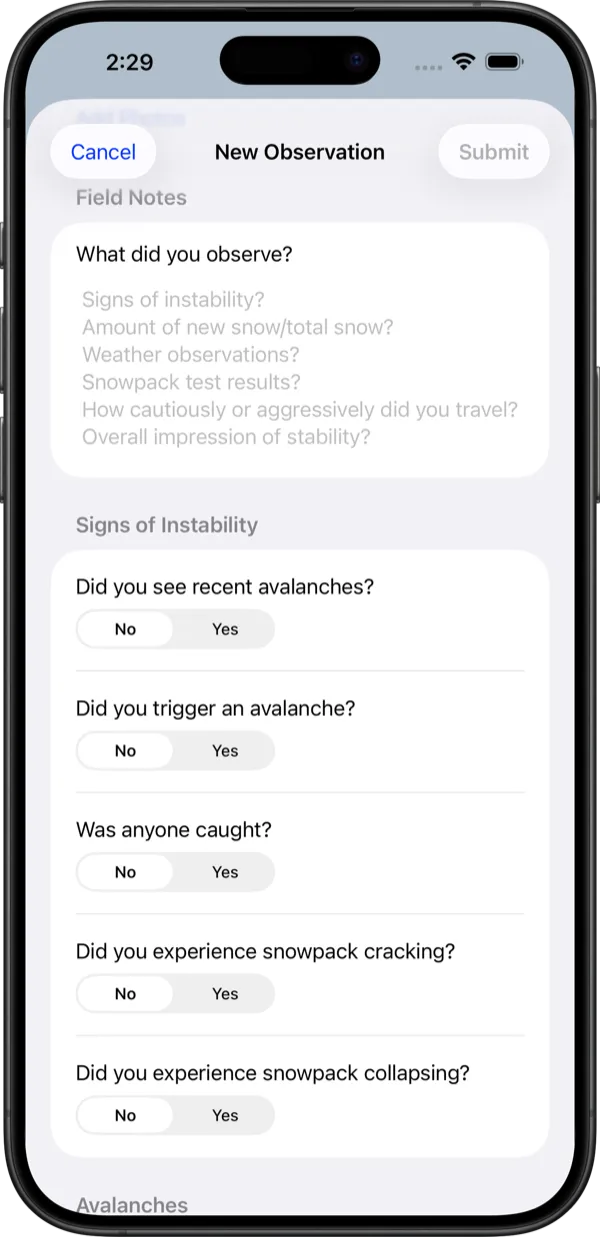 Backcountry Beta observation submission screen