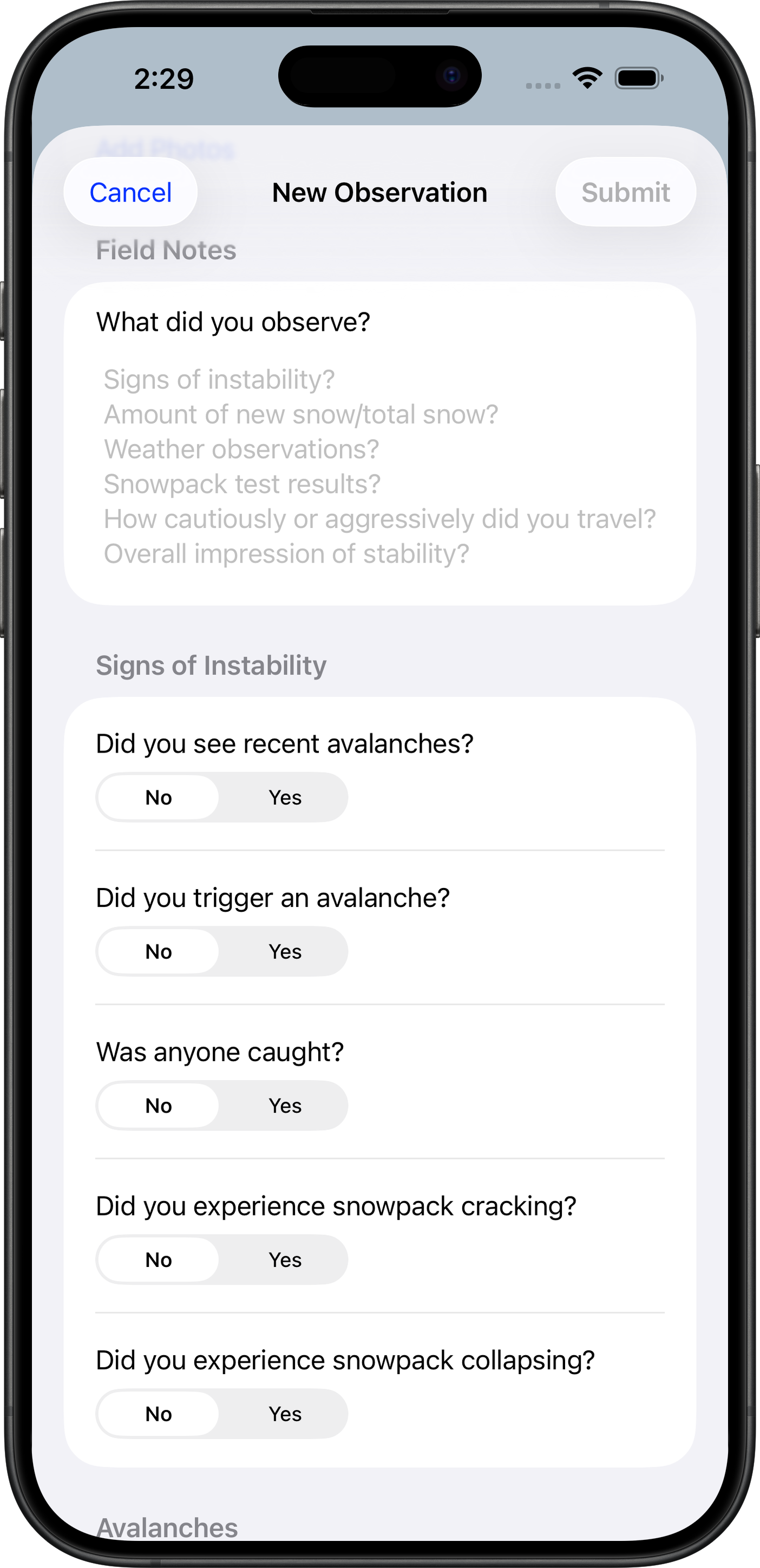 Backcountry Beta observation submission screen