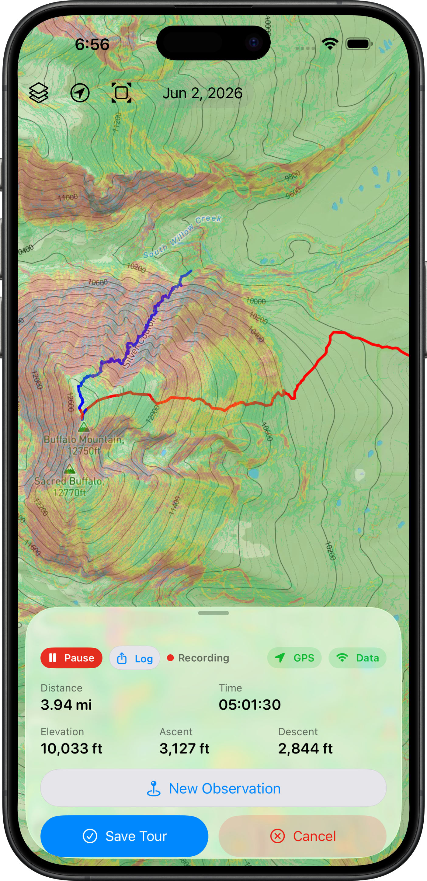 Backcountry Beta iPhone tour recording screen with route track and live stats