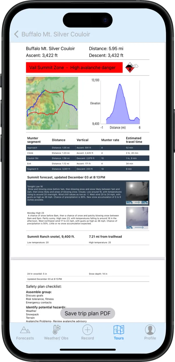 Backcountry Beta iPhone trip plan preview with PDF export