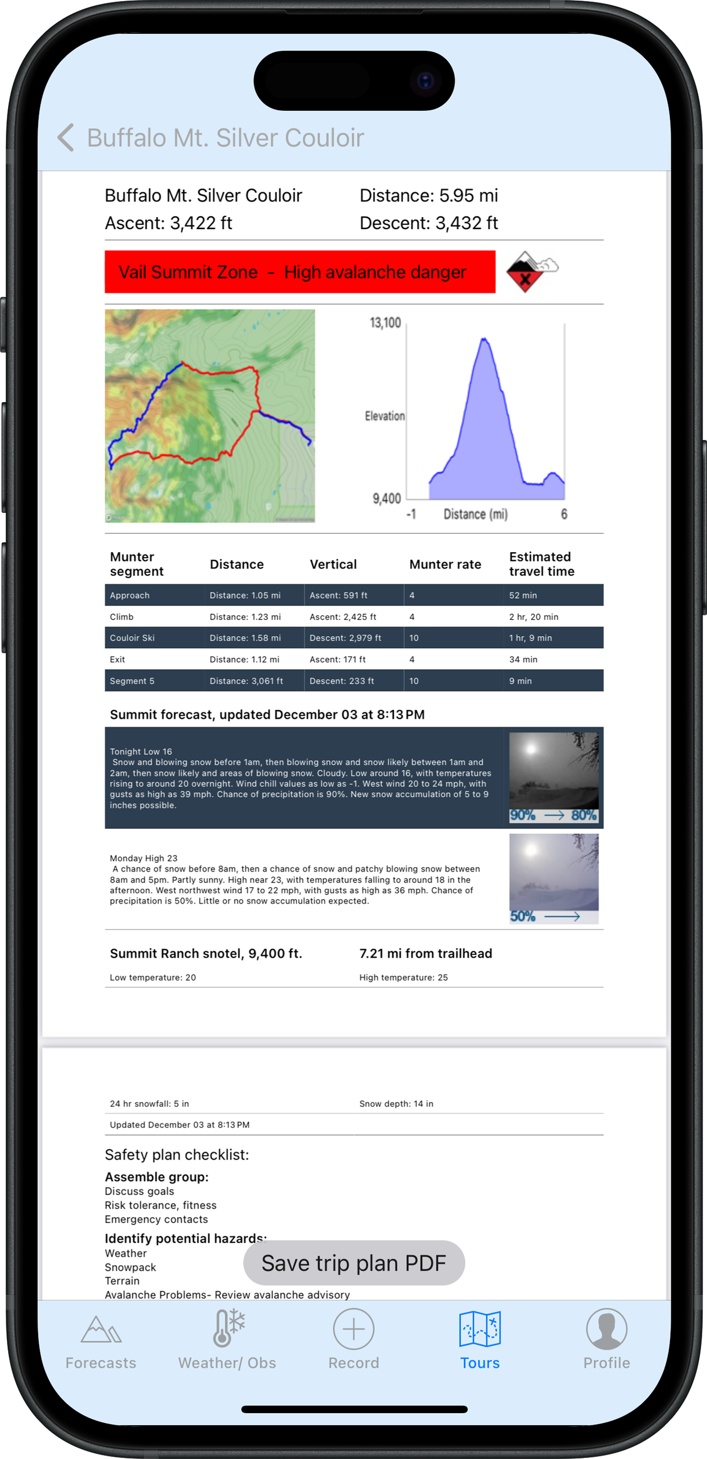 Backcountry Beta iPhone trip plan preview with PDF export