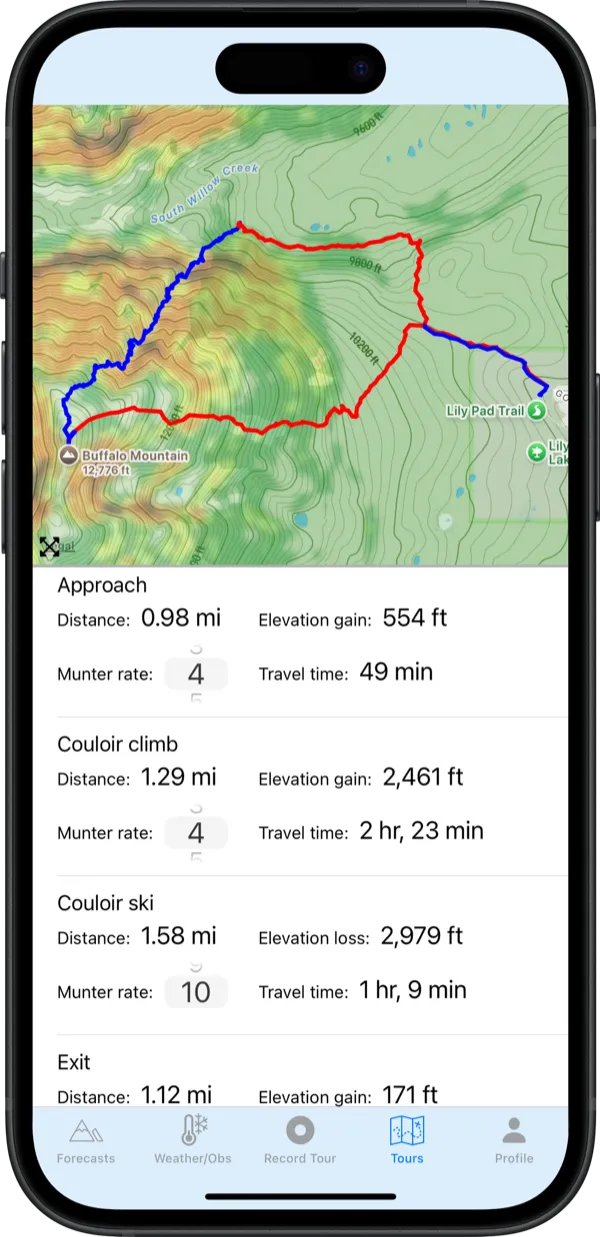 Backcountry Beta iPhone Munter route planning screen