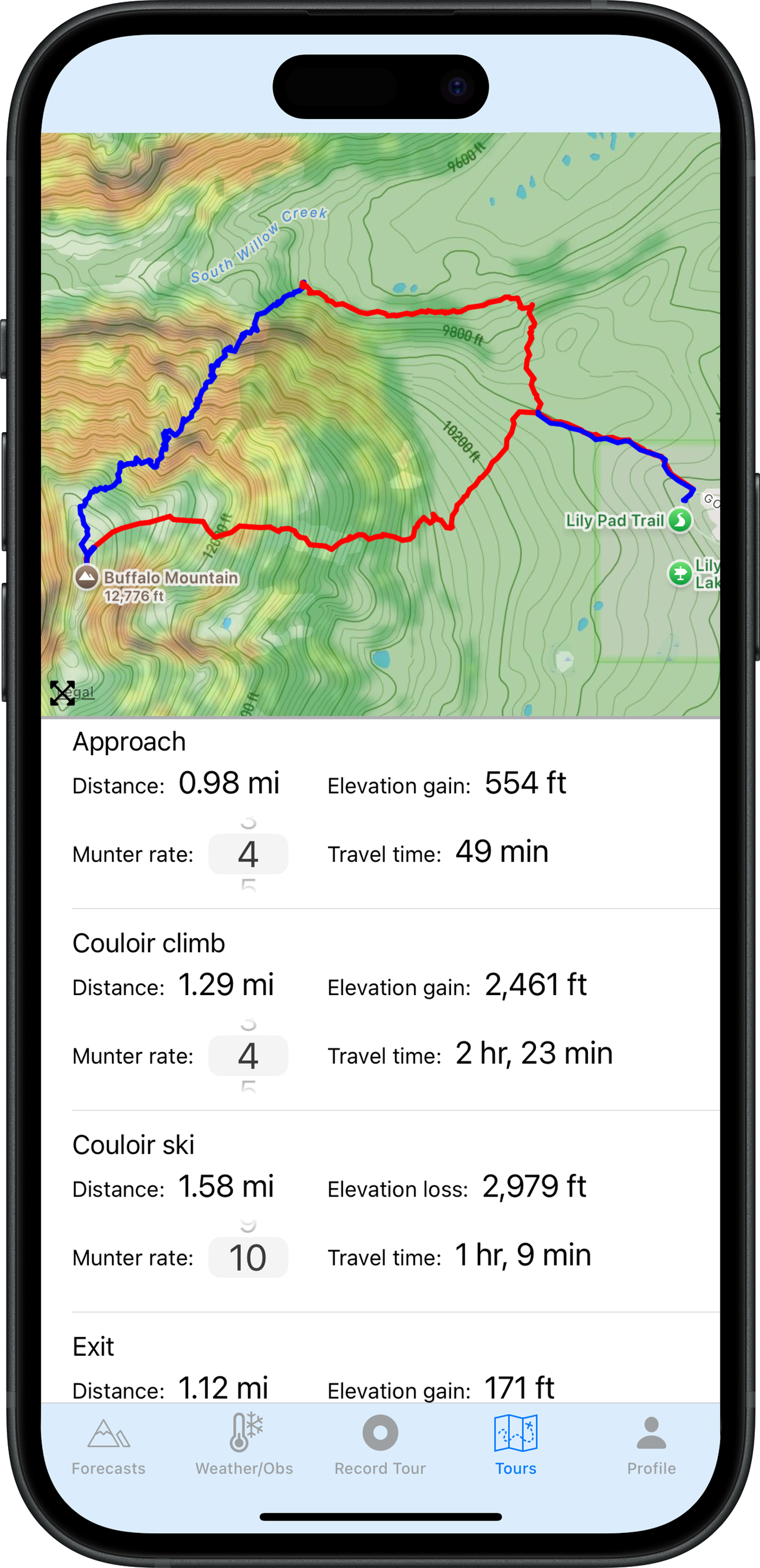 Backcountry Beta iPhone Munter route planning screen