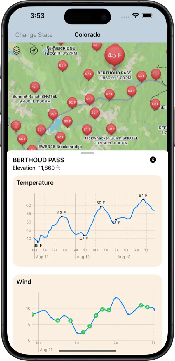 Backcountry Beta Berthoud Pass weather station graphs on iPhone