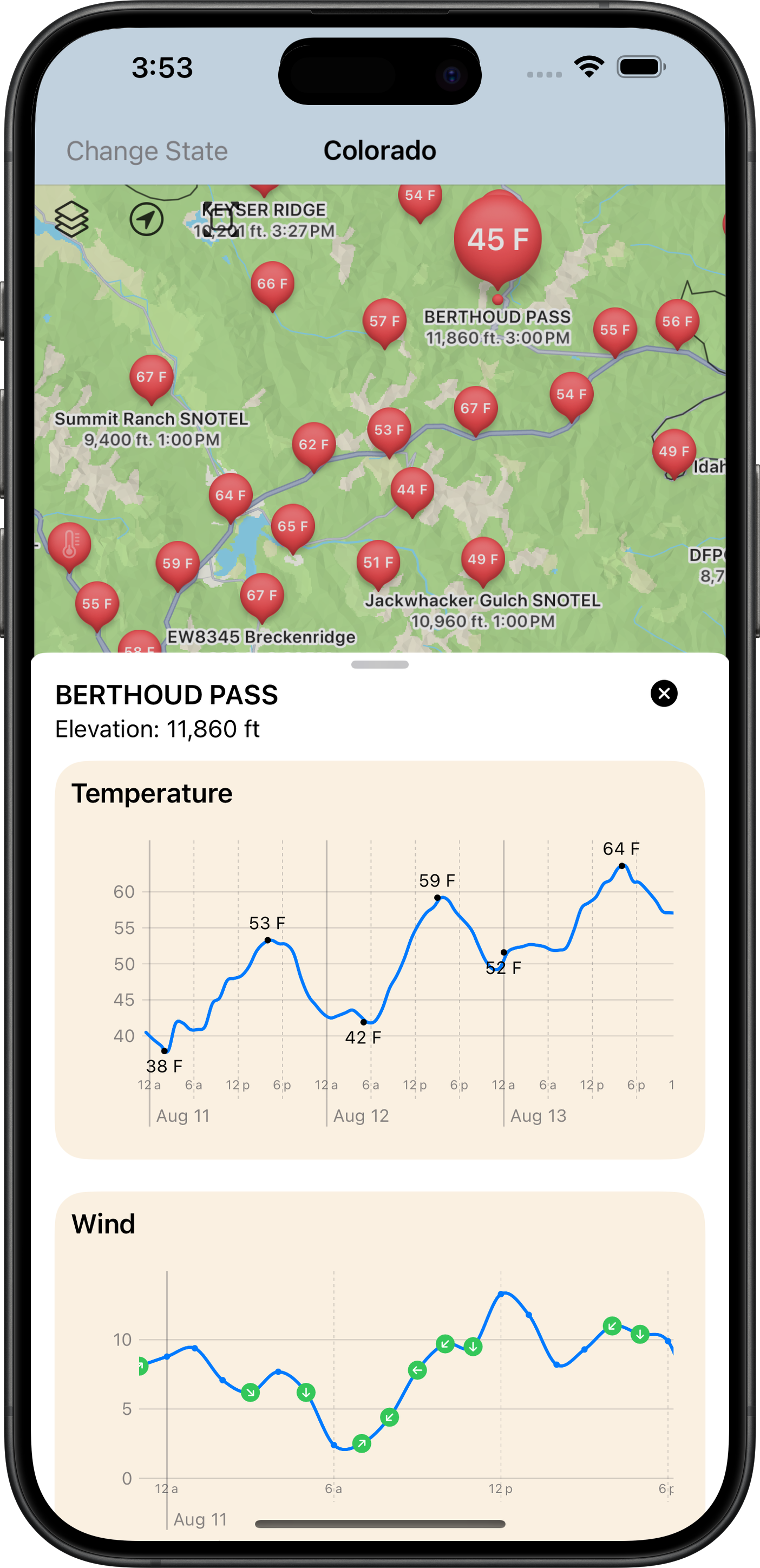 Backcountry Beta Berthoud Pass weather station graphs on iPhone