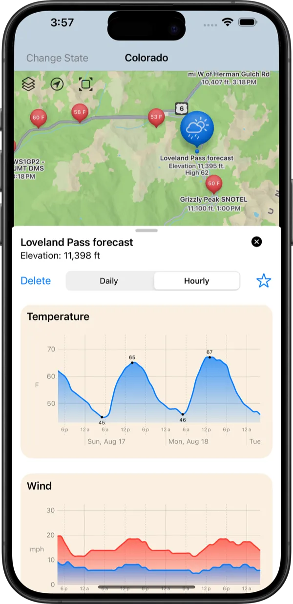 Backcountry Beta Loveland Pass hourly forecast graph on iPhone
