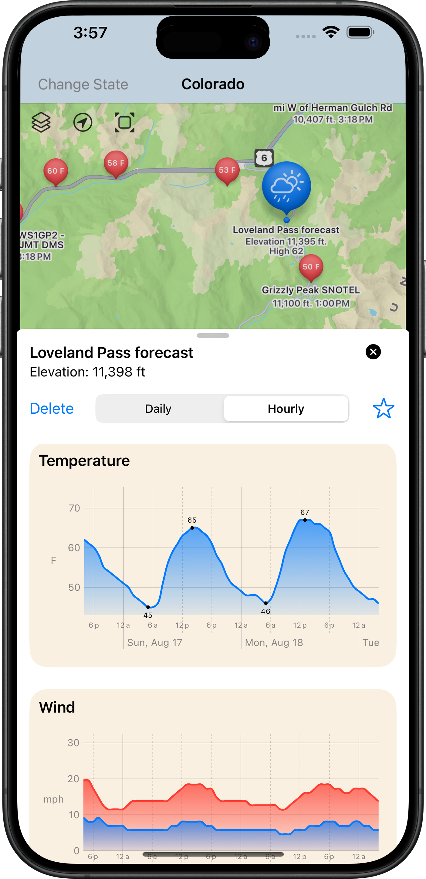 Backcountry Beta Loveland Pass hourly forecast graph on iPhone