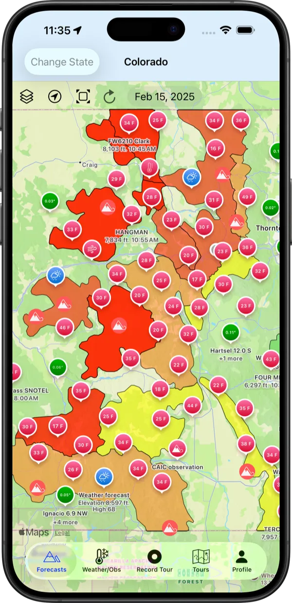 Backcountry Beta iPhone map with avalanche forecasts, observations, weather stations, and slope shading
