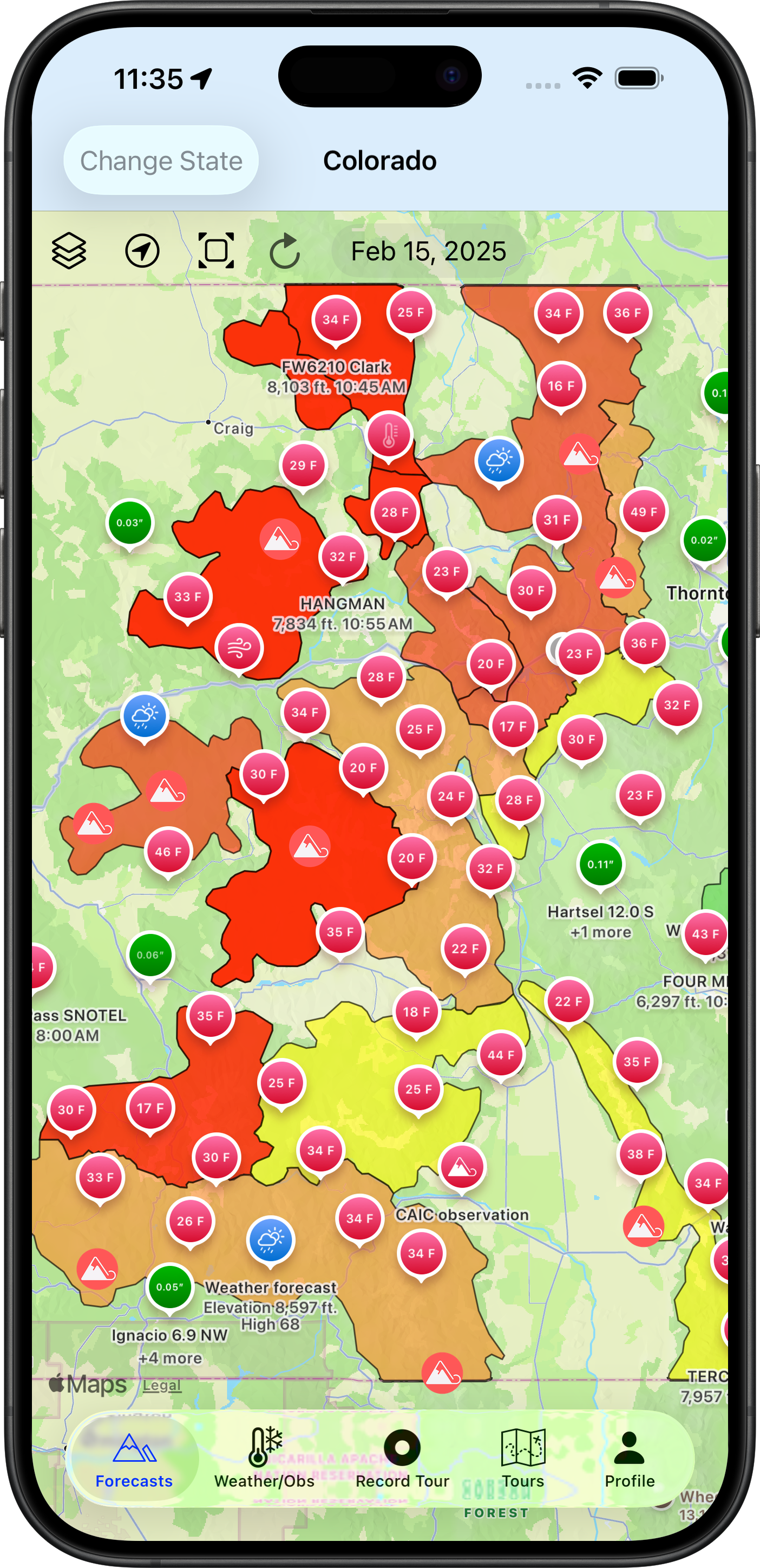 Backcountry Beta iPhone map with avalanche forecasts, observations, weather stations, and slope shading
